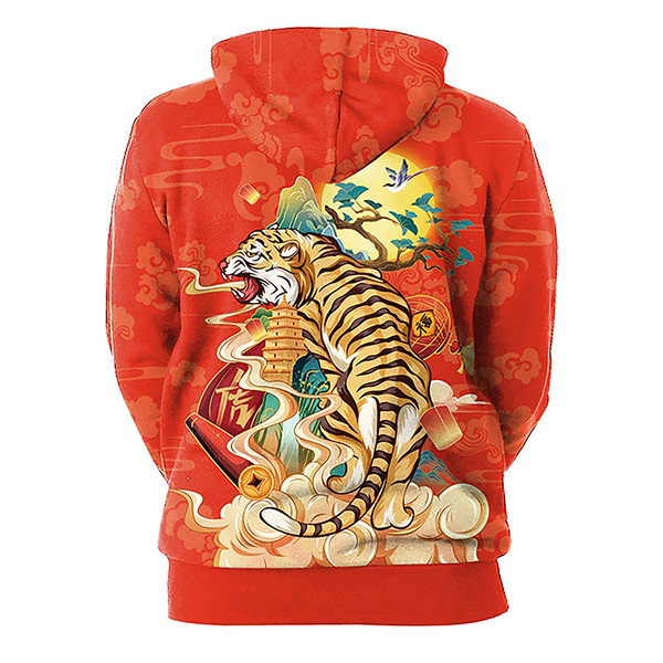 Férfi pulóver dekoratív tigrissel és kapucnival