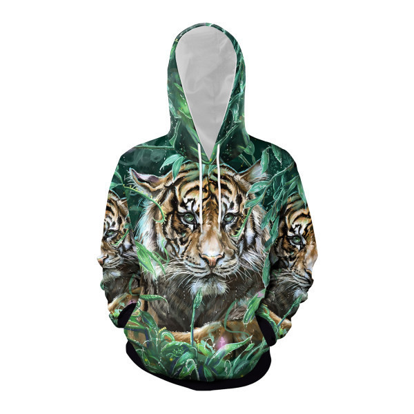 Férfi pulóver dekoratív tigrissel és kapucnival