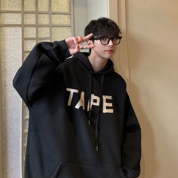 Dviejų spalvų vyriškas megztinis su kišene ir gobtuvu