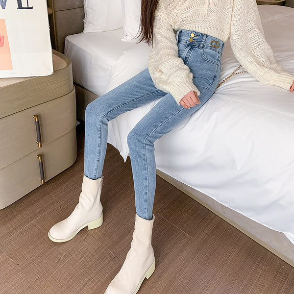 Naiste vabaaja kõrge vöökohaga elastsed teksad