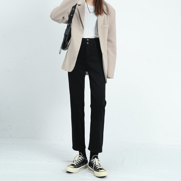 Női alkalmi, magas derekú, egyenes mintás farmernadrág