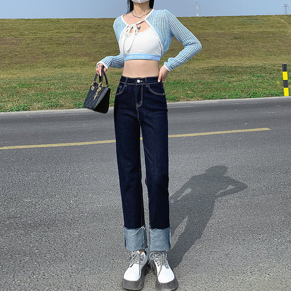 Női magas derekú farmer felhajtott szárral