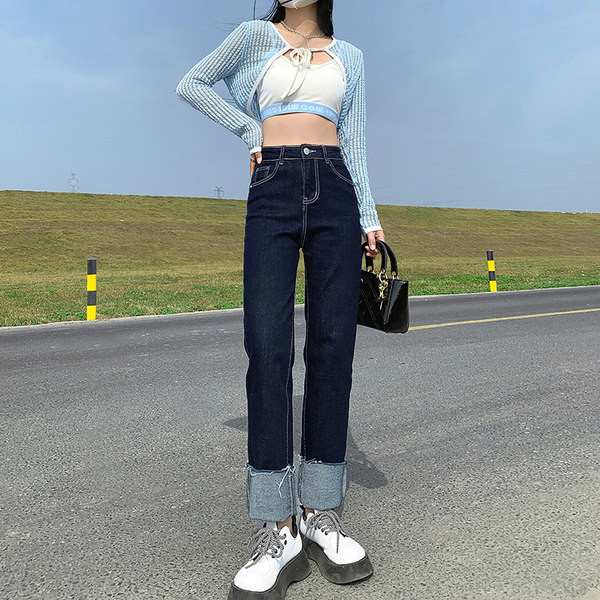 Női magas derekú farmer felhajtott szárral