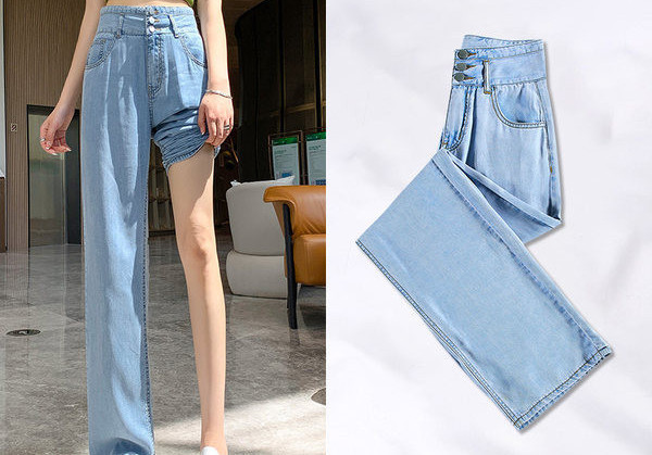 Moteriški džinsai plačiomis kojomis kasdieniam dėvėjimui su sagomis ir kišenėmis