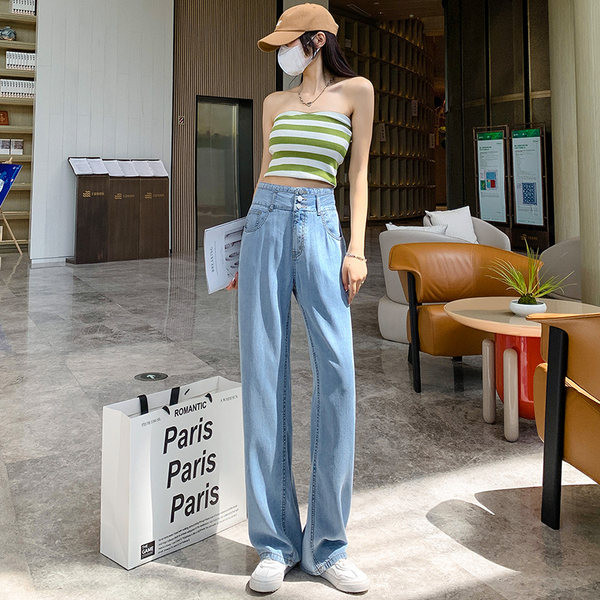 Moteriški džinsai plačiomis kojomis kasdieniam dėvėjimui su sagomis ir kišenėmis