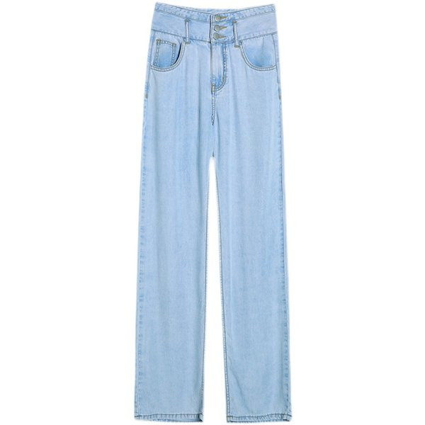 Moteriški džinsai plačiomis kojomis kasdieniam dėvėjimui su sagomis ir kišenėmis