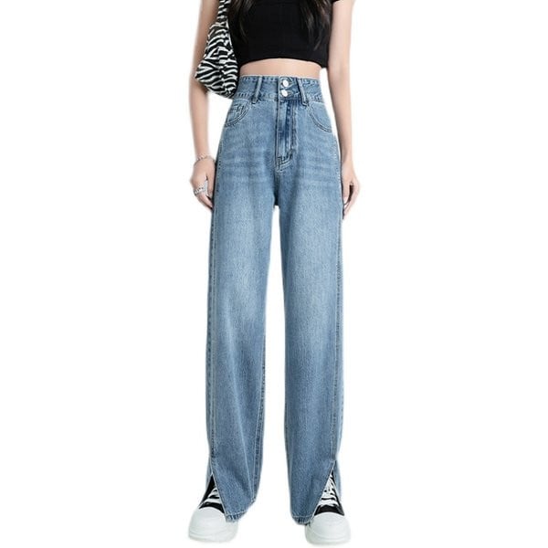 Dviejų spalvų moteriški džinsai su skeltuku