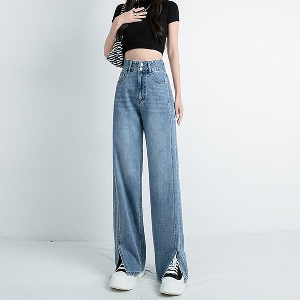 Dviejų spalvų moteriški džinsai su skeltuku