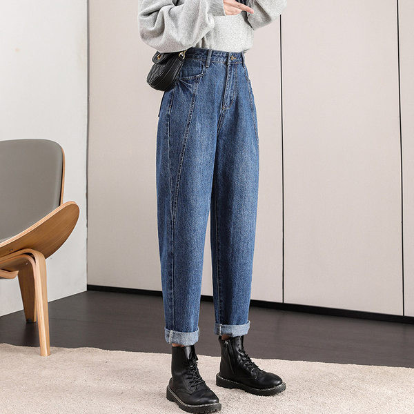 Moteriški laisvalaikio džinsai aukštu juosmeniu su kišenėmis