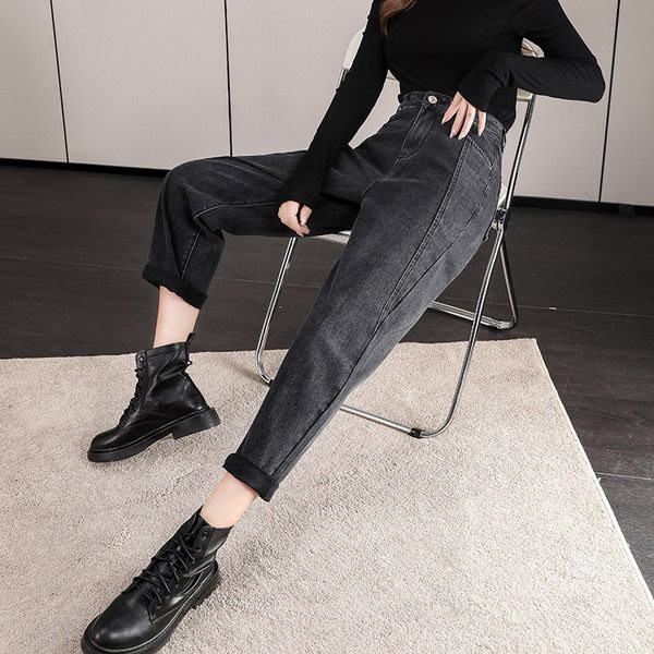 Moteriški laisvalaikio džinsai aukštu juosmeniu su kišenėmis