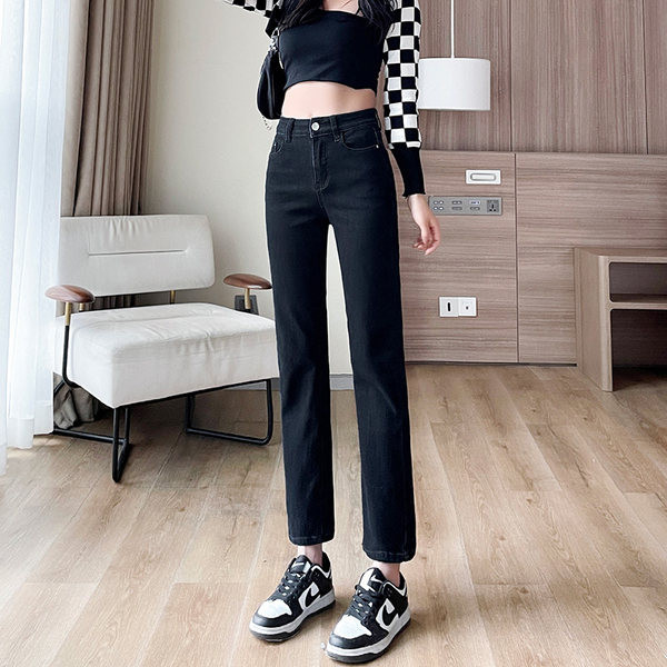 Moteriški siauri džinsai aukštu juosmeniu