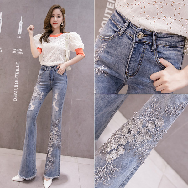 Moteriški džinsai – aukštu juosmeniu ir siuvinėjimais