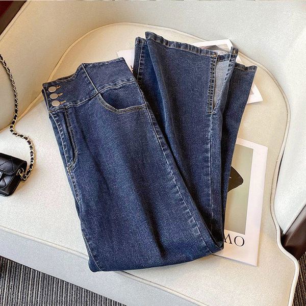 Naiste vabaaja kõrge vöökohaga teksapüksid