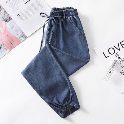 Laisvalaikiai moteriški džinsai su tamprėmis ir raišteliais