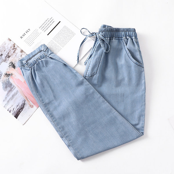 Laisvalaikiai moteriški džinsai su tamprėmis ir raišteliais