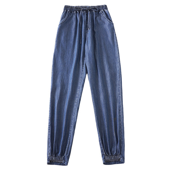 Laisvalaikiai moteriški džinsai su tamprėmis ir raišteliais