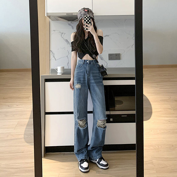 Női farmer - magas derékkal, szakadt hatással