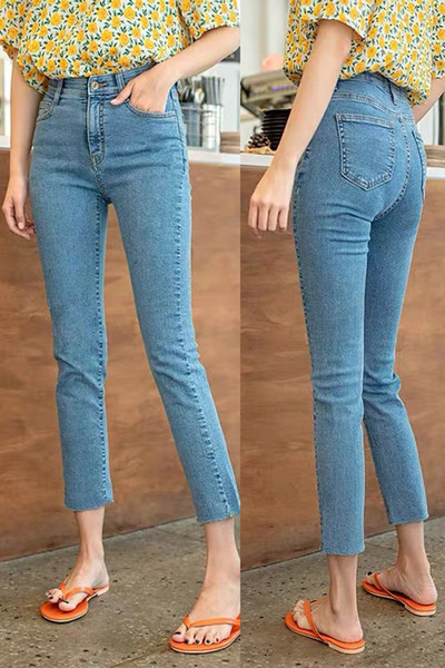 Naiste vabaaja teksad tasku ja kõrge vöökoha sirge mustriga