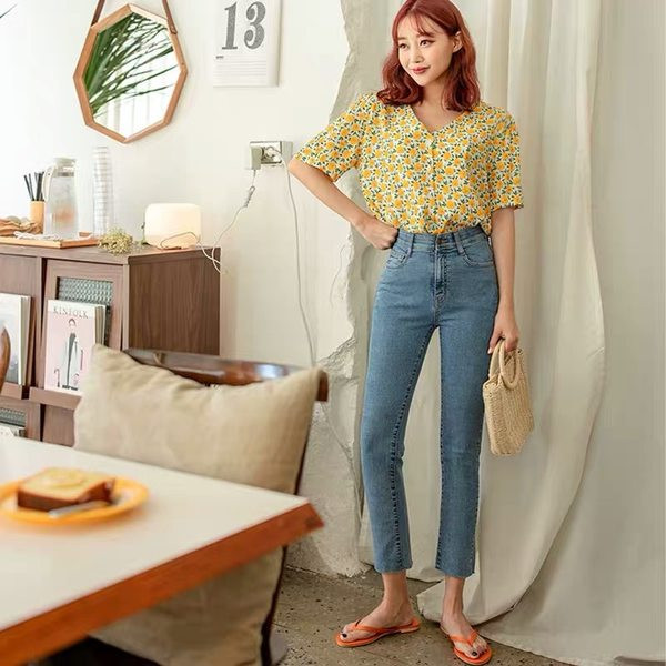 Naiste vabaaja teksad tasku ja kõrge vöökoha sirge mustriga