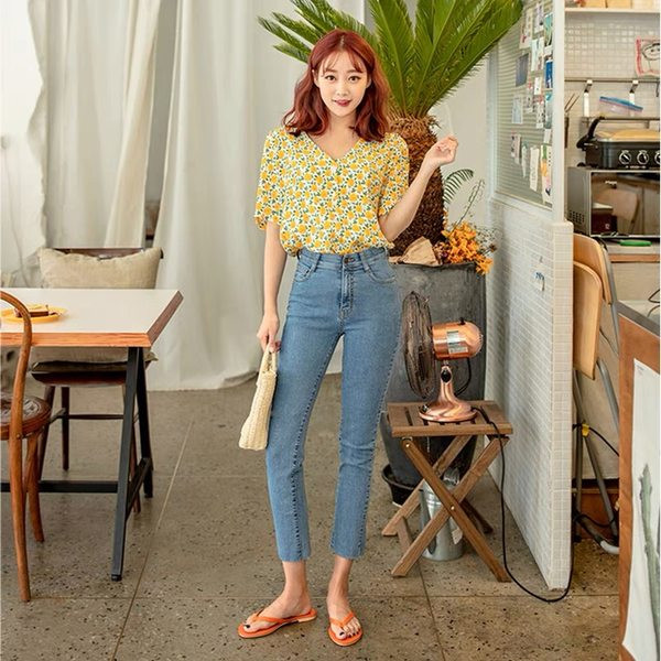 Naiste vabaaja teksad tasku ja kõrge vöökoha sirge mustriga