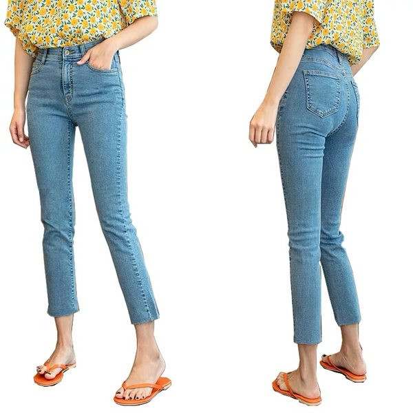 Naiste vabaaja teksad tasku ja kõrge vöökoha sirge mustriga