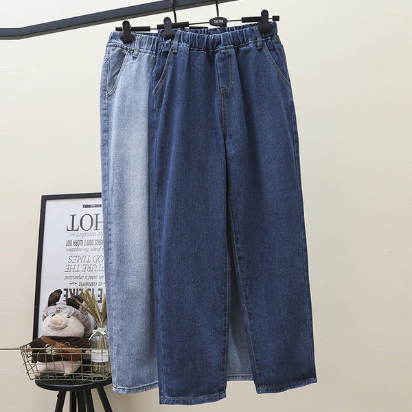 Moteriški džinsai plačiomis kojomis elastingu juosmeniu