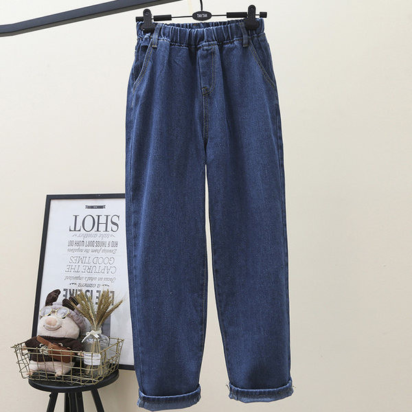 Moteriški džinsai plačiomis kojomis elastingu juosmeniu