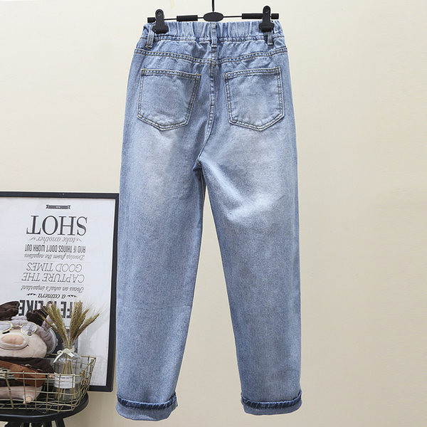 Moteriški džinsai plačiomis kojomis elastingu juosmeniu