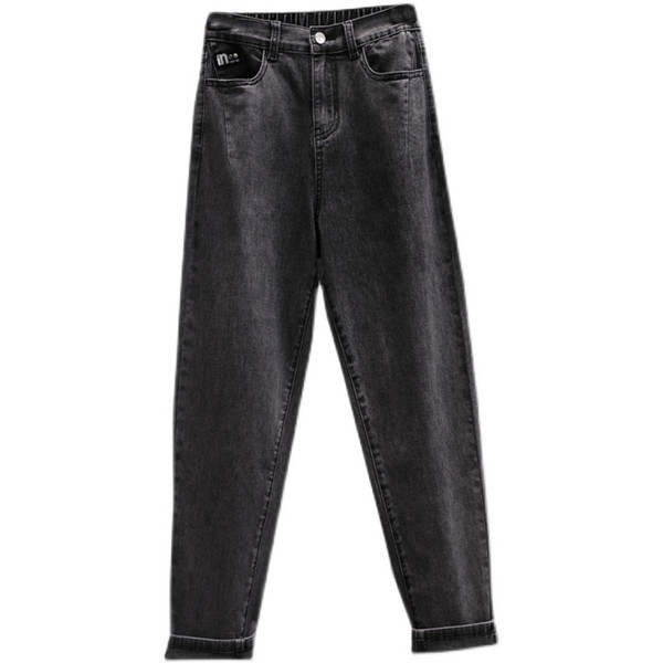 Laisvo rašto moteriški džinsai aukštu juosmeniu su logotipu