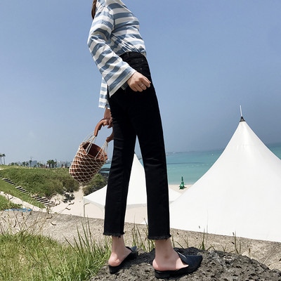 Dviejų spalvų moteriški tiesūs laisvo modelio džinsai