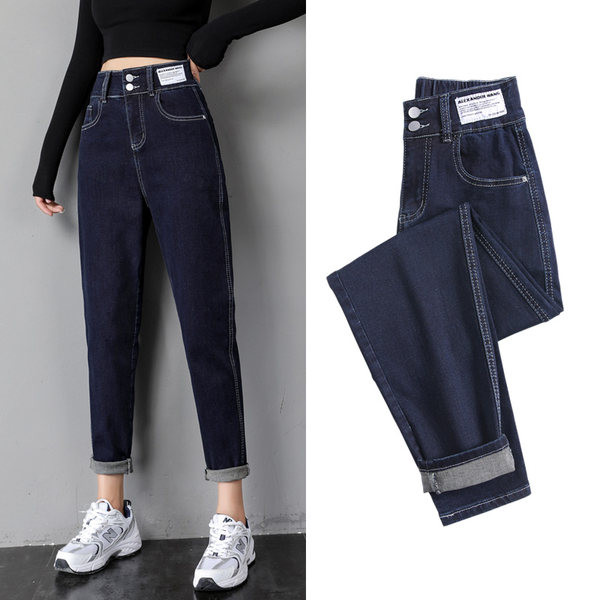 Moteriški džinsai aukštu juosmeniu su logotipu