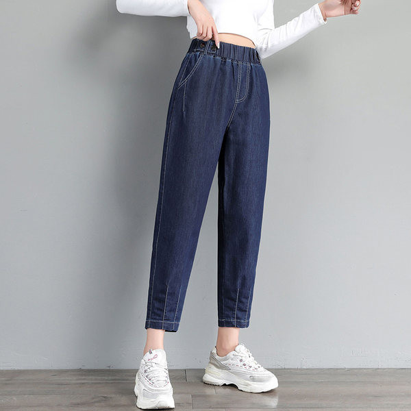 Laisvalaikio moteriški džinsai elastingu juosmeniu – mėlynos spalvos