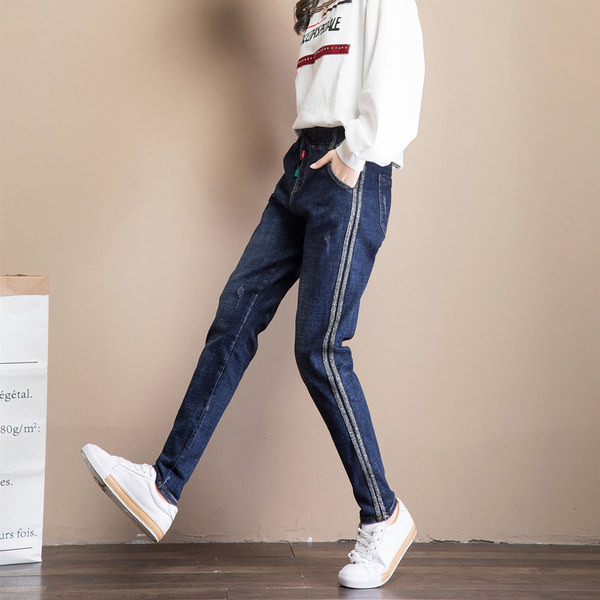 Γυναικείο τζιν με κορδόνια και στρίφωμα σε δύο χρώματα