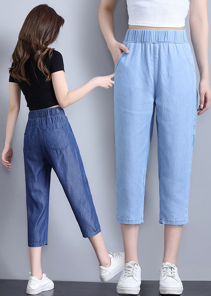 Női tiszta modell farmernadrág a mindennapi élethez, zsebbel és gumírozással