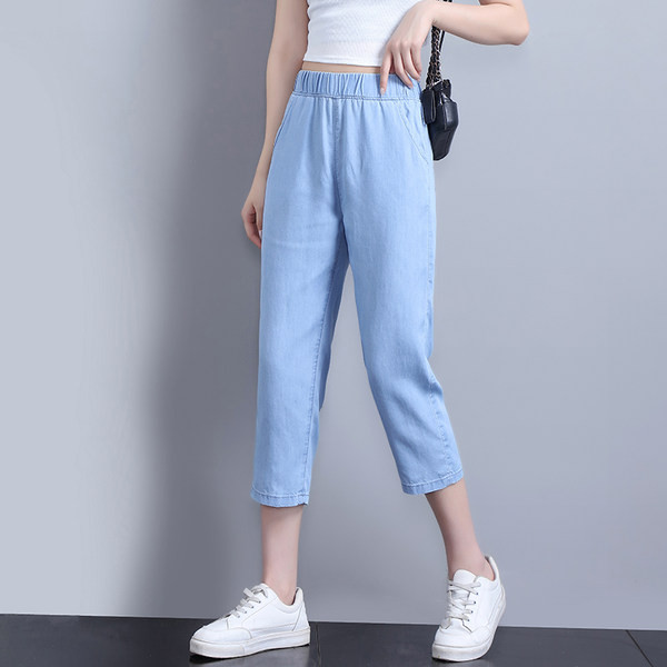 Női tiszta modell farmernadrág a mindennapi élethez, zsebbel és gumírozással