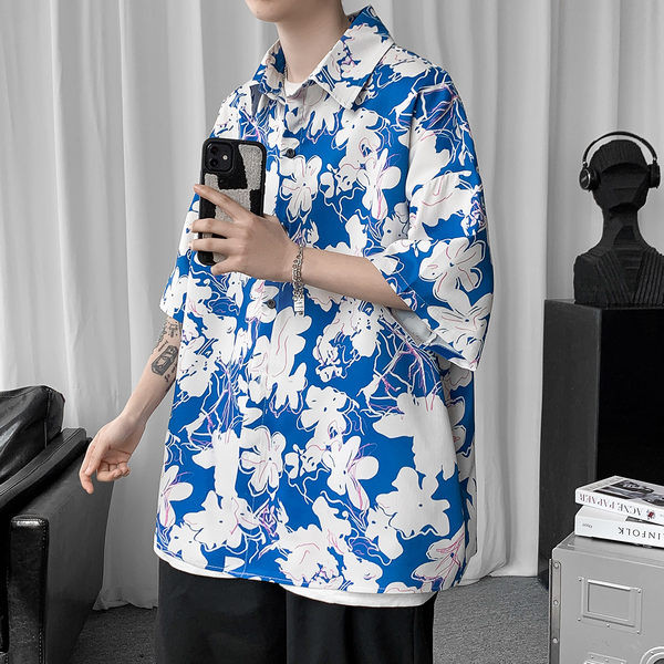 Bő férfi ing 3/4-es ujjal, virágos motívumokkal