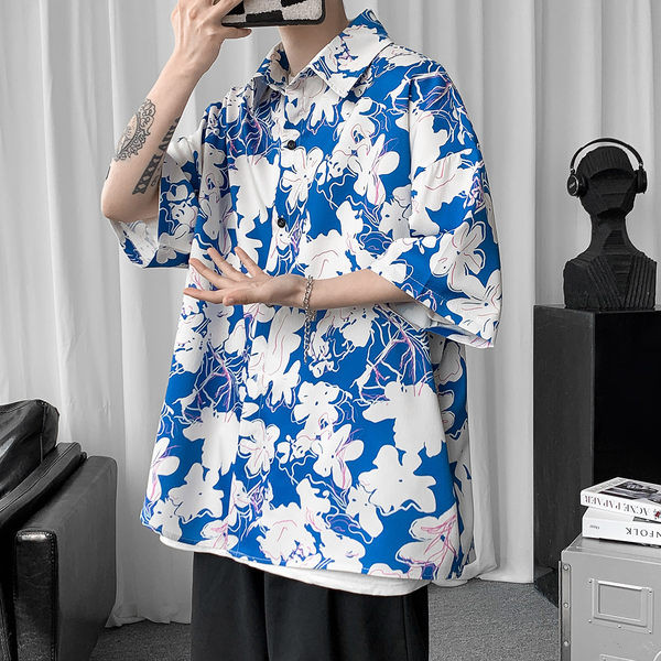 Bő férfi ing 3/4-es ujjal, virágos motívumokkal