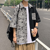 Vyriški juodai balti marškiniai su apykakle ir kišene