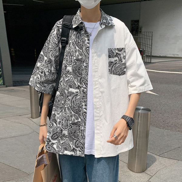 Vyriški juodai balti marškiniai su apykakle ir kišene