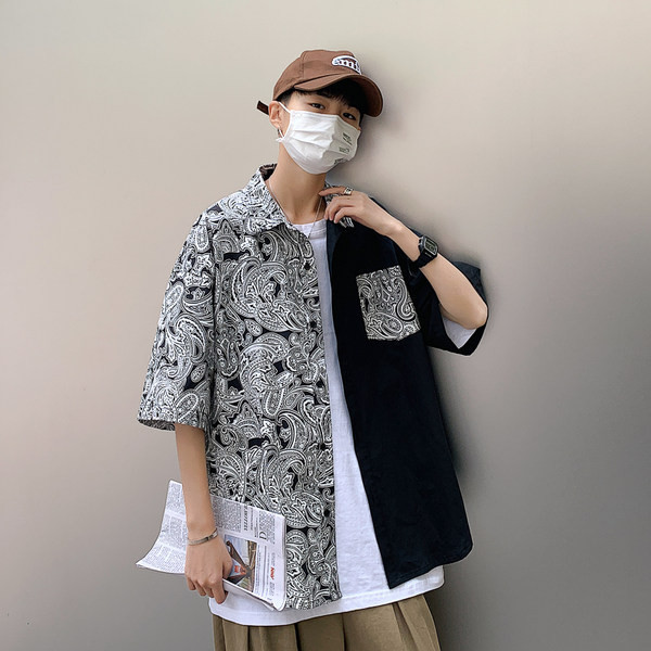 Vyriški juodai balti marškiniai su apykakle ir kišene