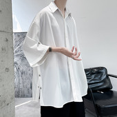 Ανδρικό πουκάμισο φαρδύ μοντέλο με μανίκια 3/4 και κουμπιά στο πλάι