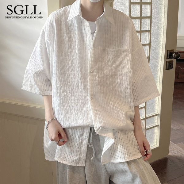 Új modell férfi ing 3/4-es ujjú zsebbel és klasszikus gallérral