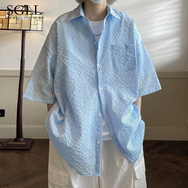 Új modell férfi ing 3/4-es ujjú zsebbel és klasszikus gallérral