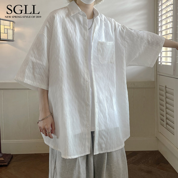 Új modell férfi ing 3/4-es ujjú zsebbel és klasszikus gallérral