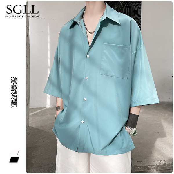 Ühevärviline klassikalise krae ja 3/4 varrukatega meestesärk