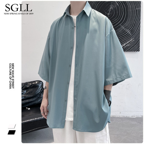 Egyszínű bő férfi ing 3/4 ujjal