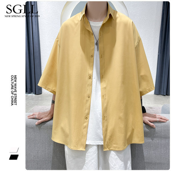 Egyszínű bő férfi ing 3/4 ujjal