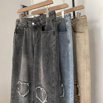 Ανδρικό φαρδύ τζιν παντελόνι με σκισμένα μοτίβα και τσέπη