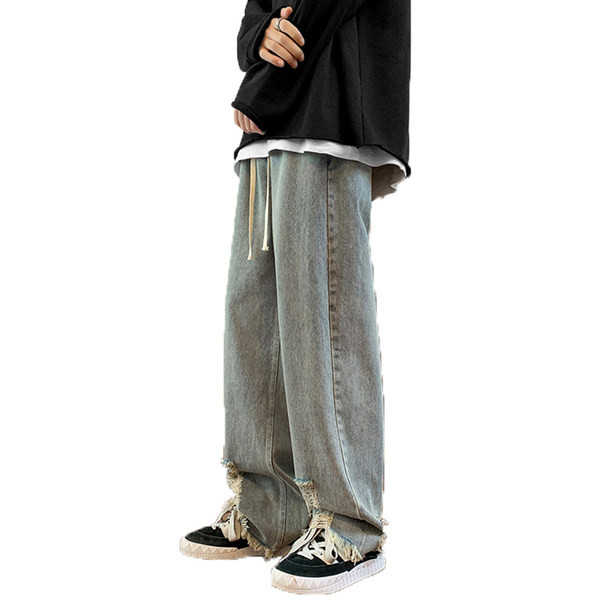 Ανδρικό τζιν με κορδόνια και σκισμένα μοτίβα στα πόδια