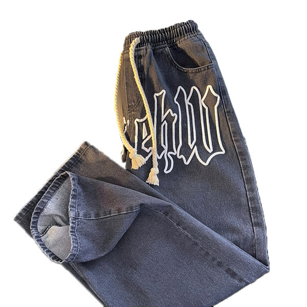 Мъжки дънки с бродиран надпис и връзки